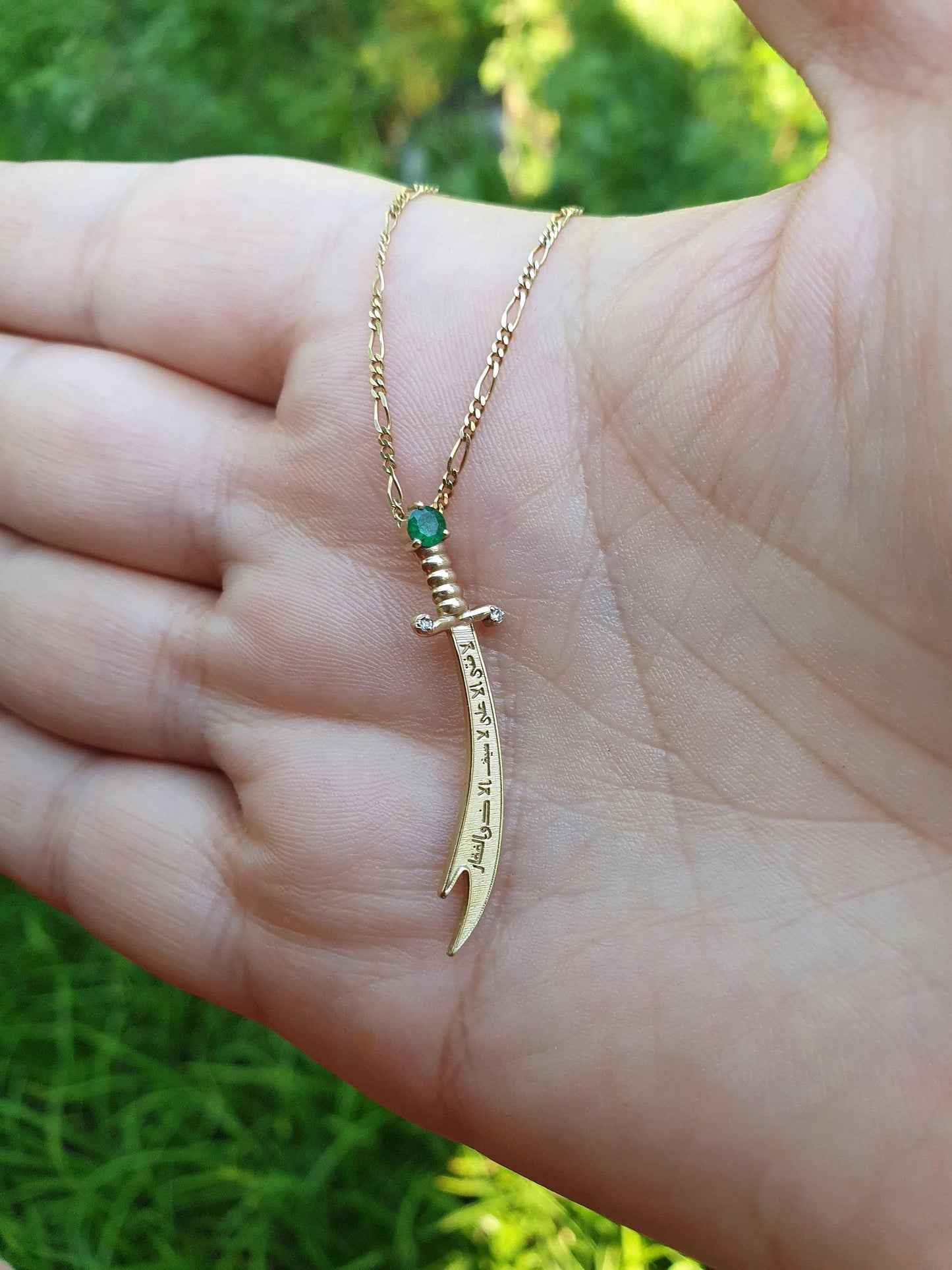 14K Gold Zulfikar sword pendant with emerald, diamonds