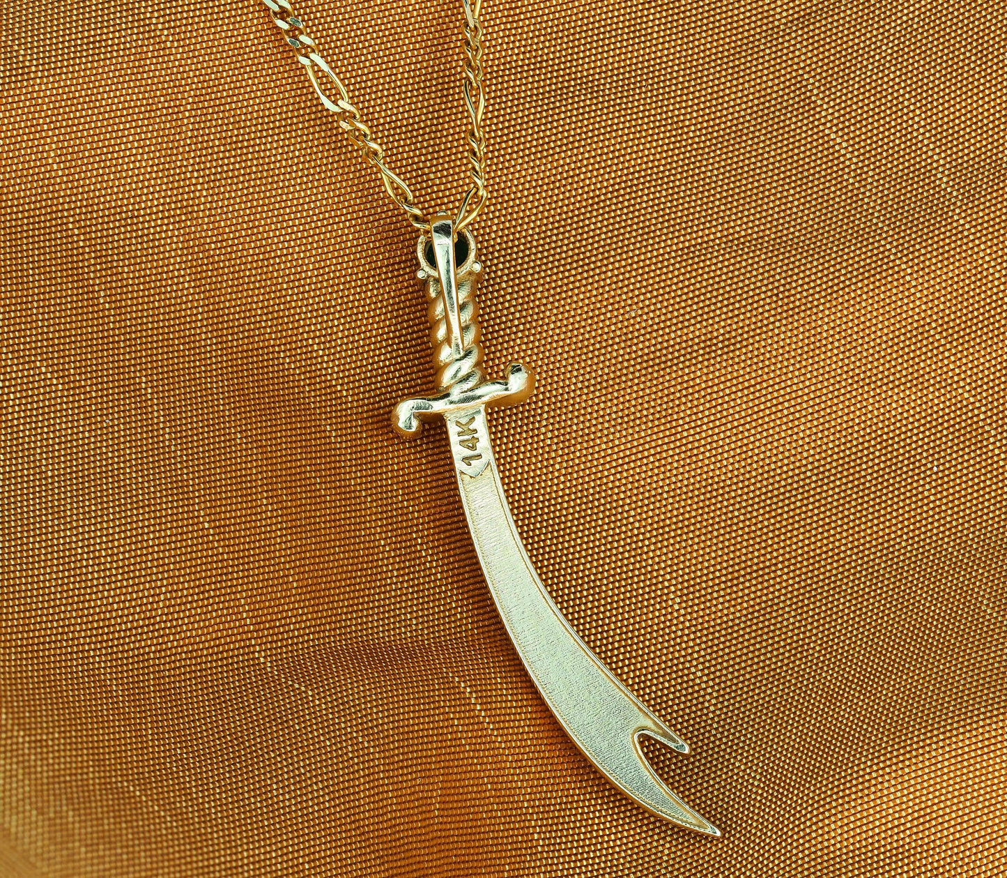 14K Gold Zulfikar sword pendant with emerald, diamonds