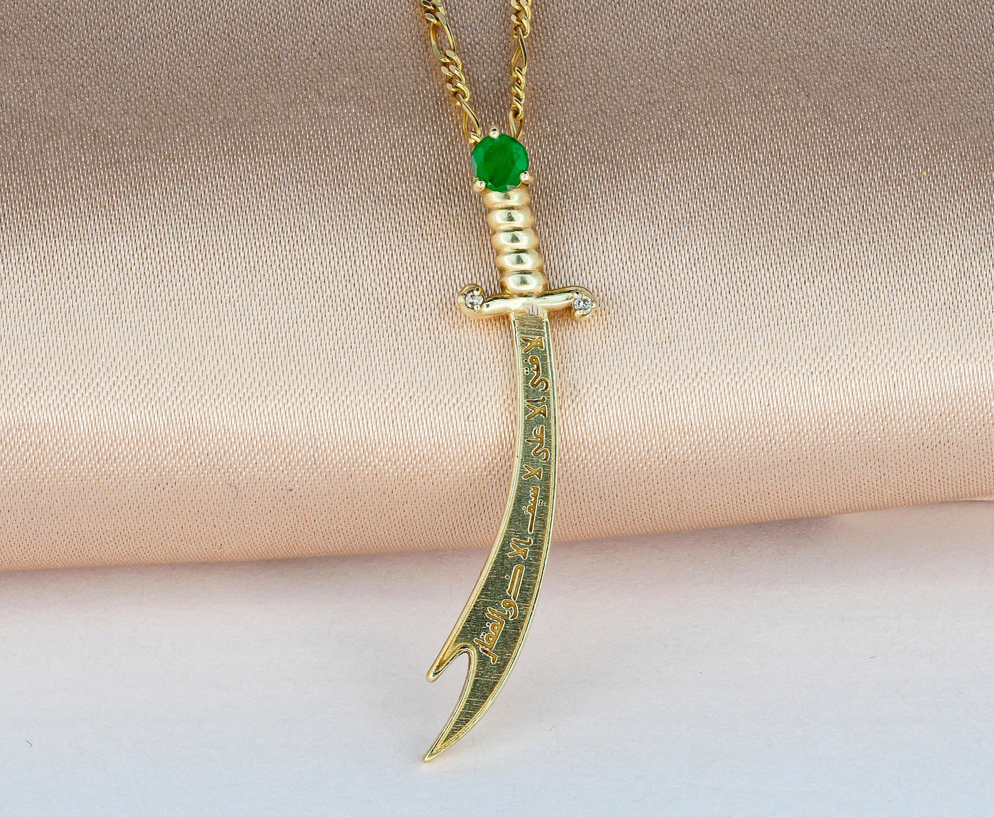14K Gold Zulfikar sword pendant with emerald, diamonds