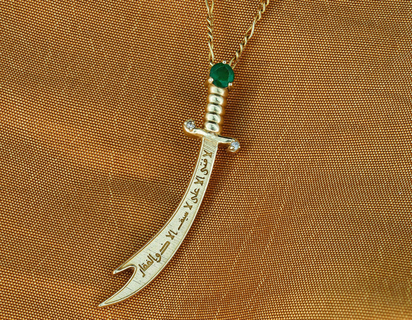 14K Gold Zulfikar sword pendant with emerald, diamonds