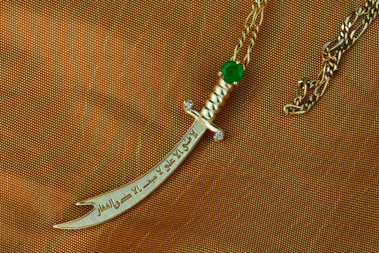 14K Gold Zulfikar sword pendant with emerald, diamonds