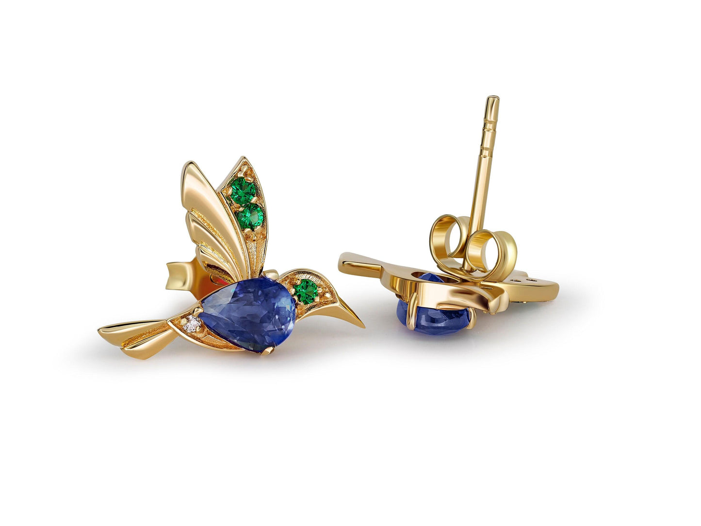 14k Gold Hummingbird Earings Studs with Sapphires