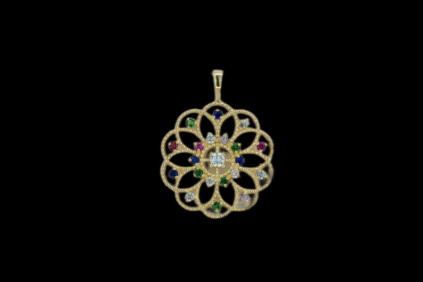 14k gold pattern pendant with multicolor gemstones