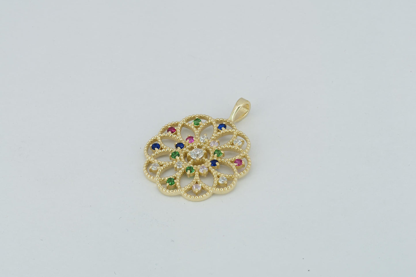 14k gold pattern pendant with multicolor gemstones