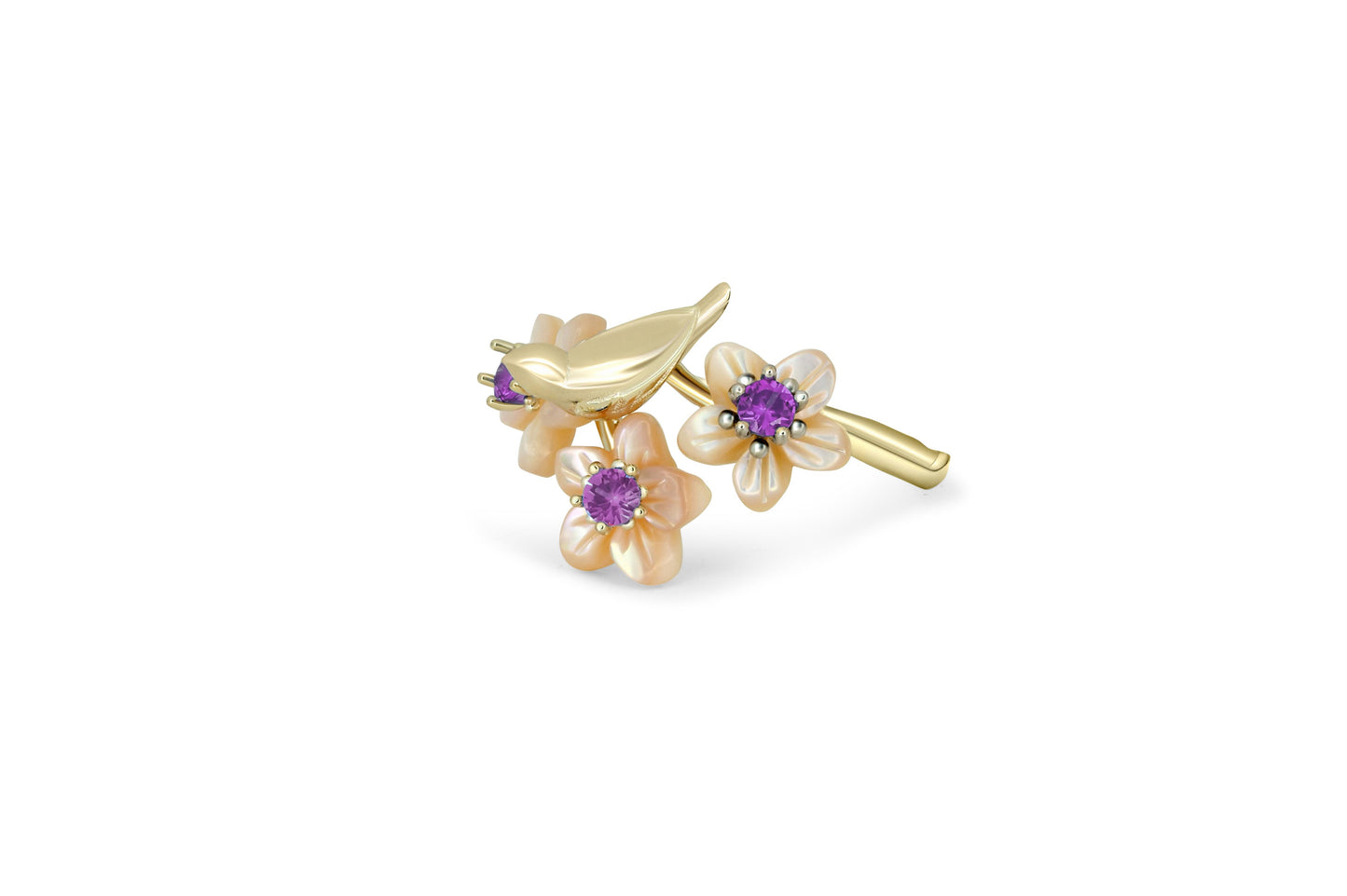 Bird on branch 14k gold ring with amethysts