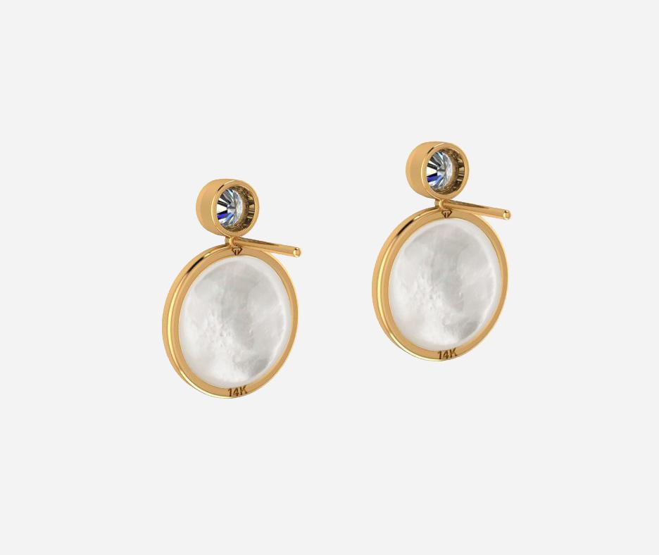 White Mother Of Pearl Shell 14k gold Stud Earrings with moissanite.