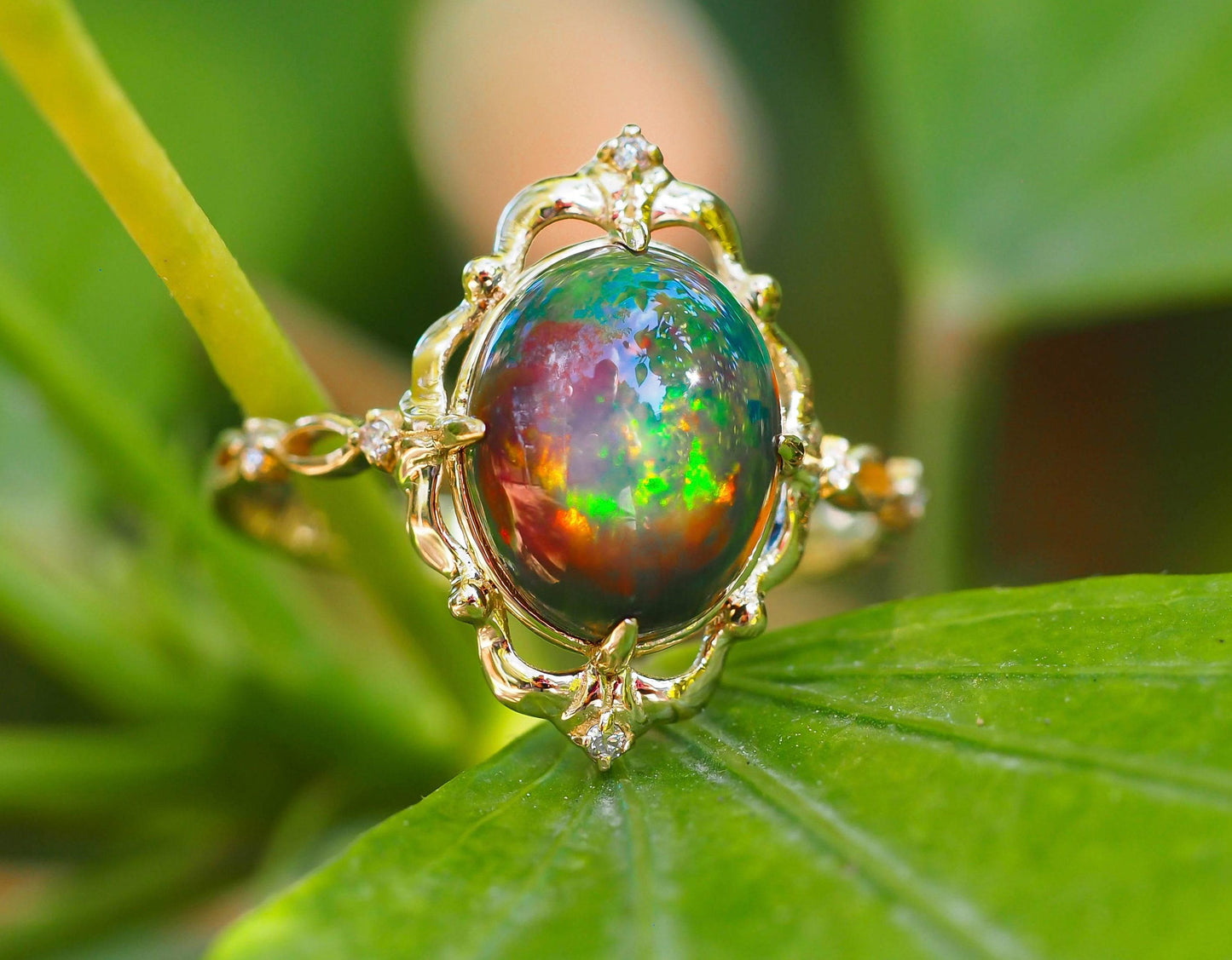 Black opal 14k gold ring
