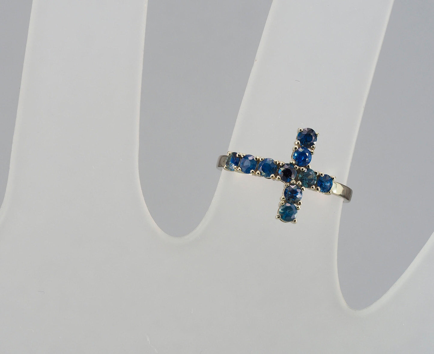 Blue Sapphire Cross Ring Band in 14k gold