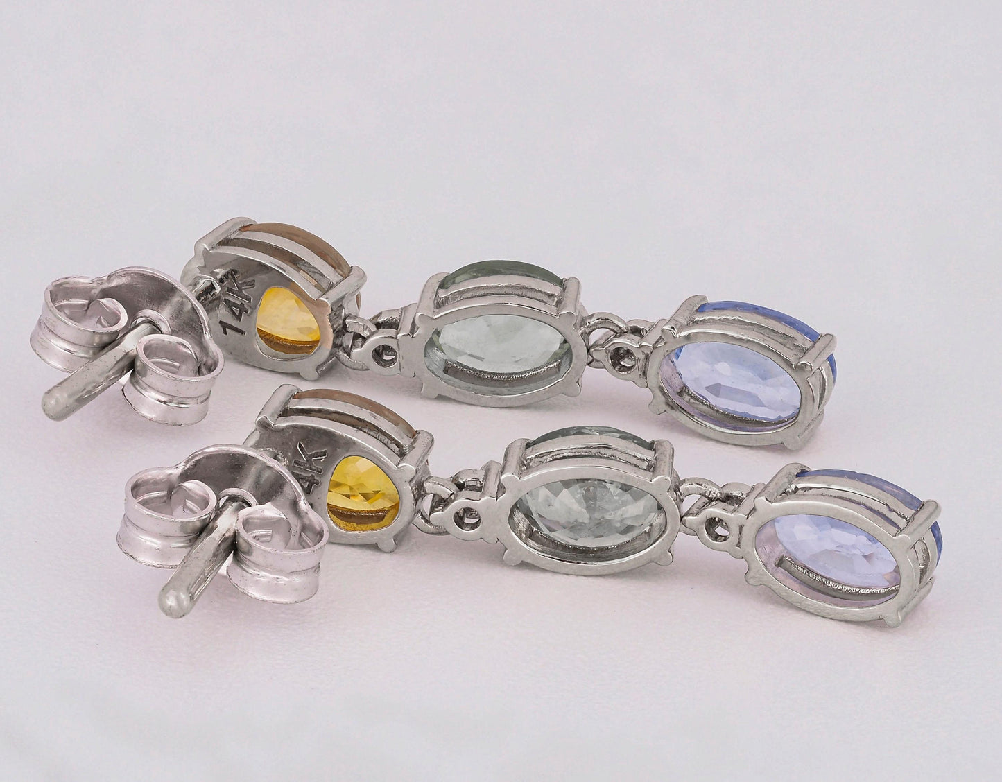 Blue, yellow green sapphire 14k gold earrings