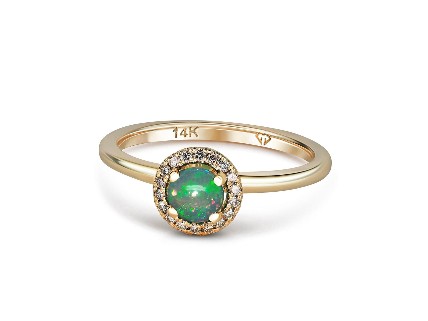 Diamond Halo Opal Ring in 14k Gold