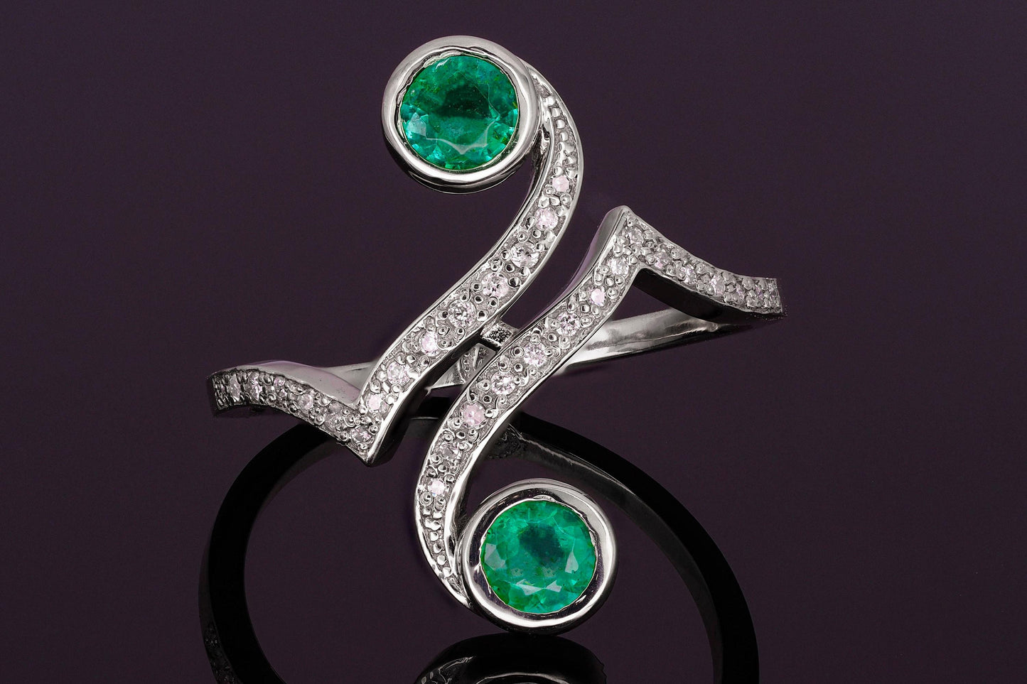 Vintage inspired two emeralds 14k gold ring.