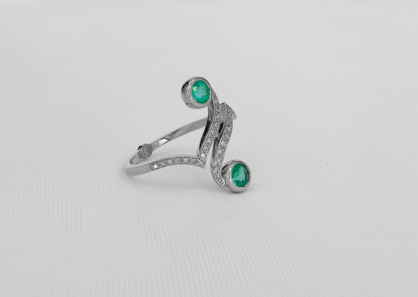 Vintage inspired two emeralds 14k gold ring.