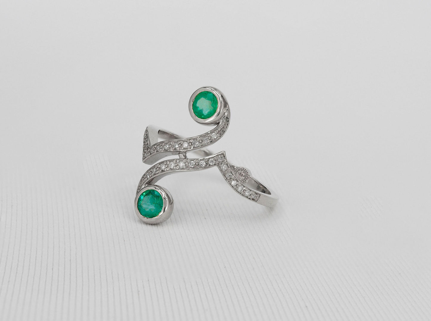 Vintage inspired two emeralds 14k gold ring.