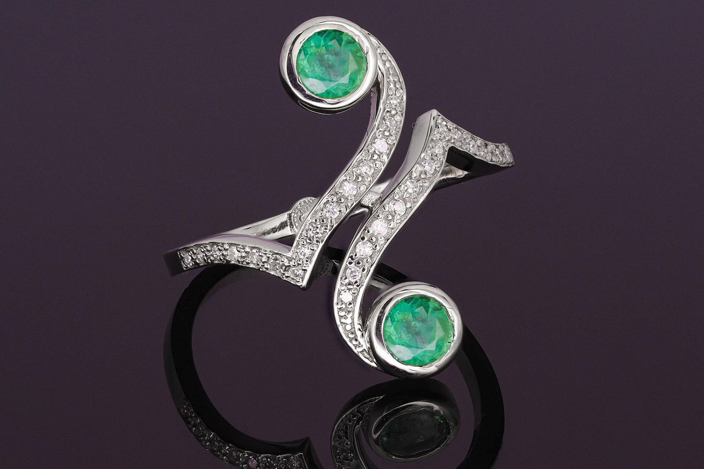 Vintage inspired two emeralds 14k gold ring.