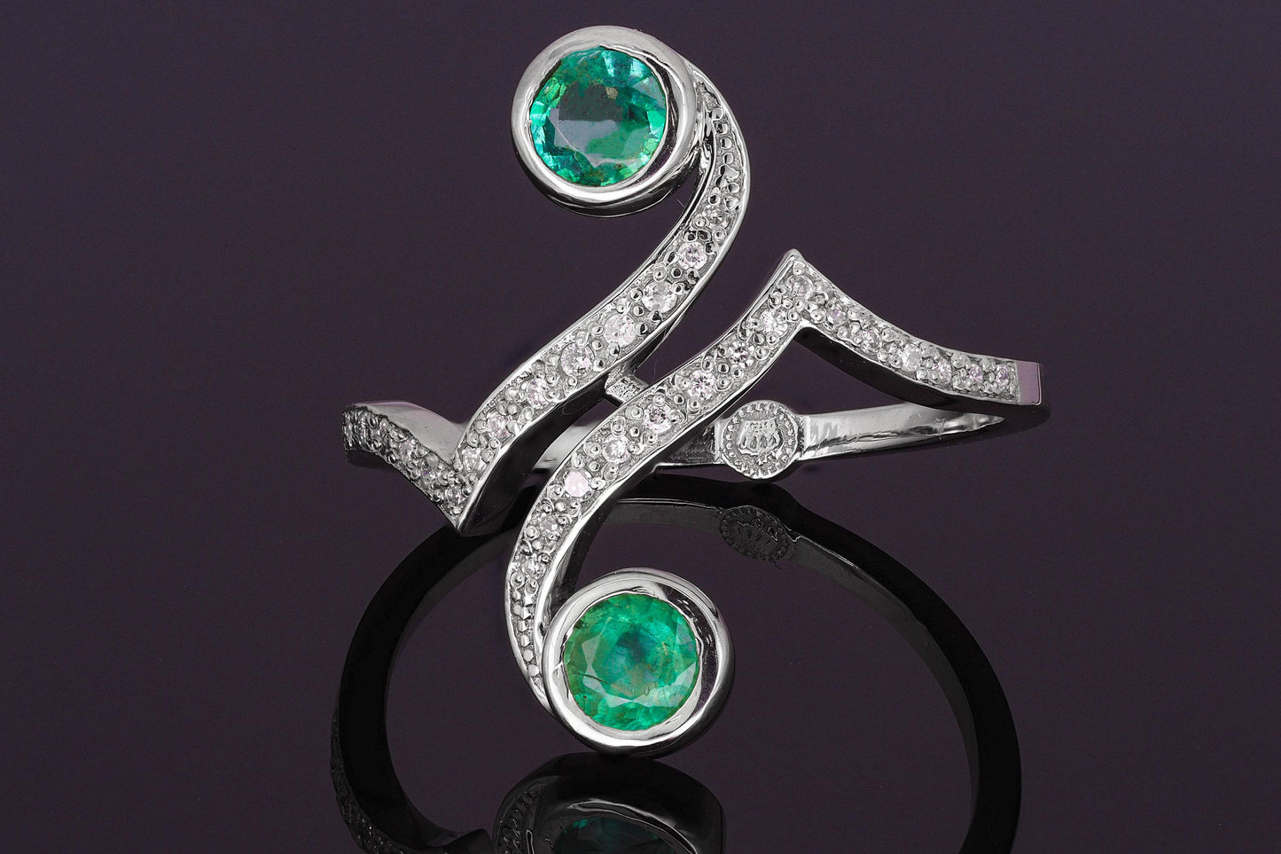 Vintage inspired two emeralds 14k gold ring.