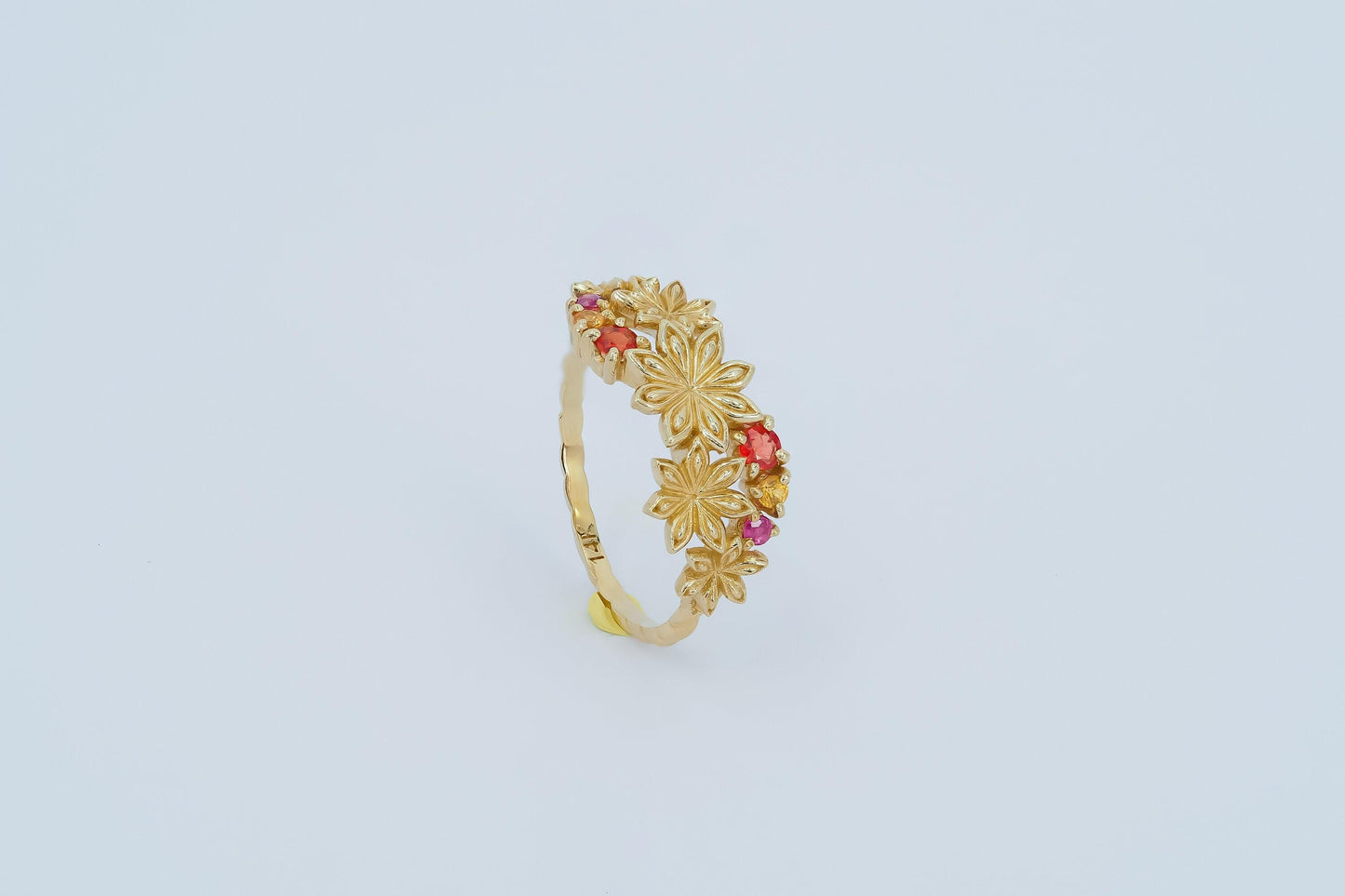 Star Anise Flower 14k gold ring with gemstones