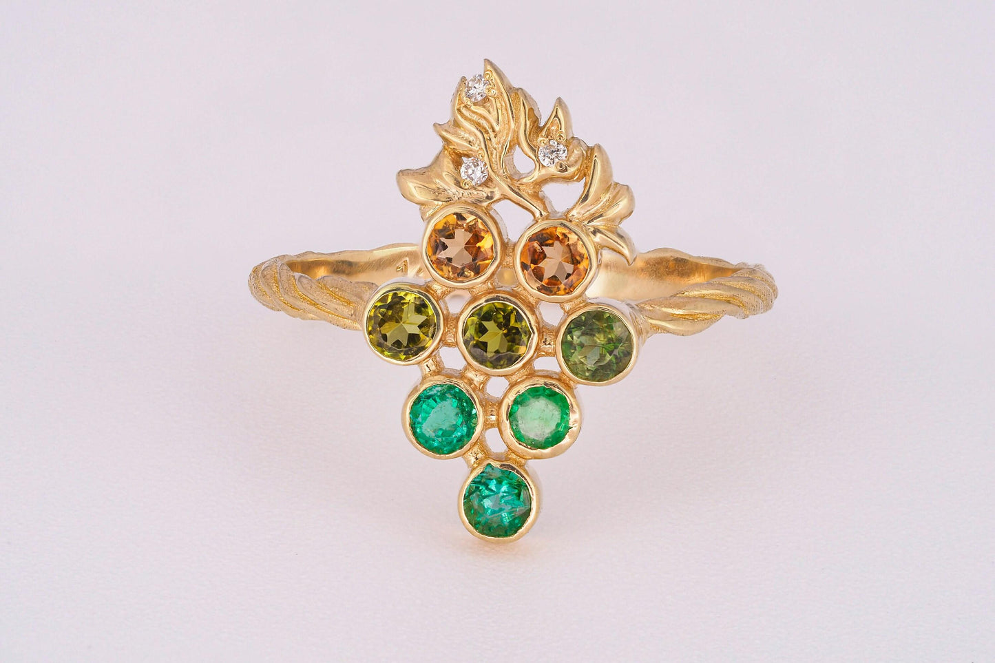 Grape, leaves ring with tourmalines in 14k gold