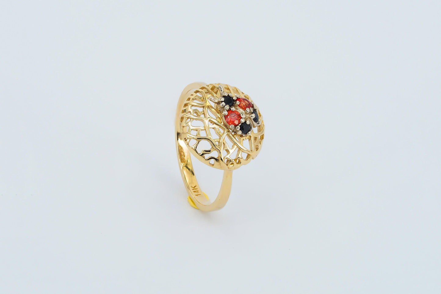 Ladybug ring with colored gemstones in 14k gold