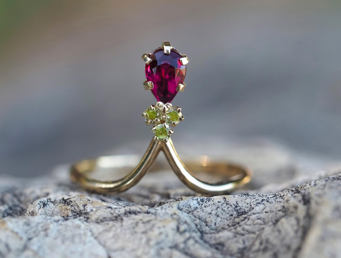 Tourmaline rubelite vintage inspired 14k gold ring