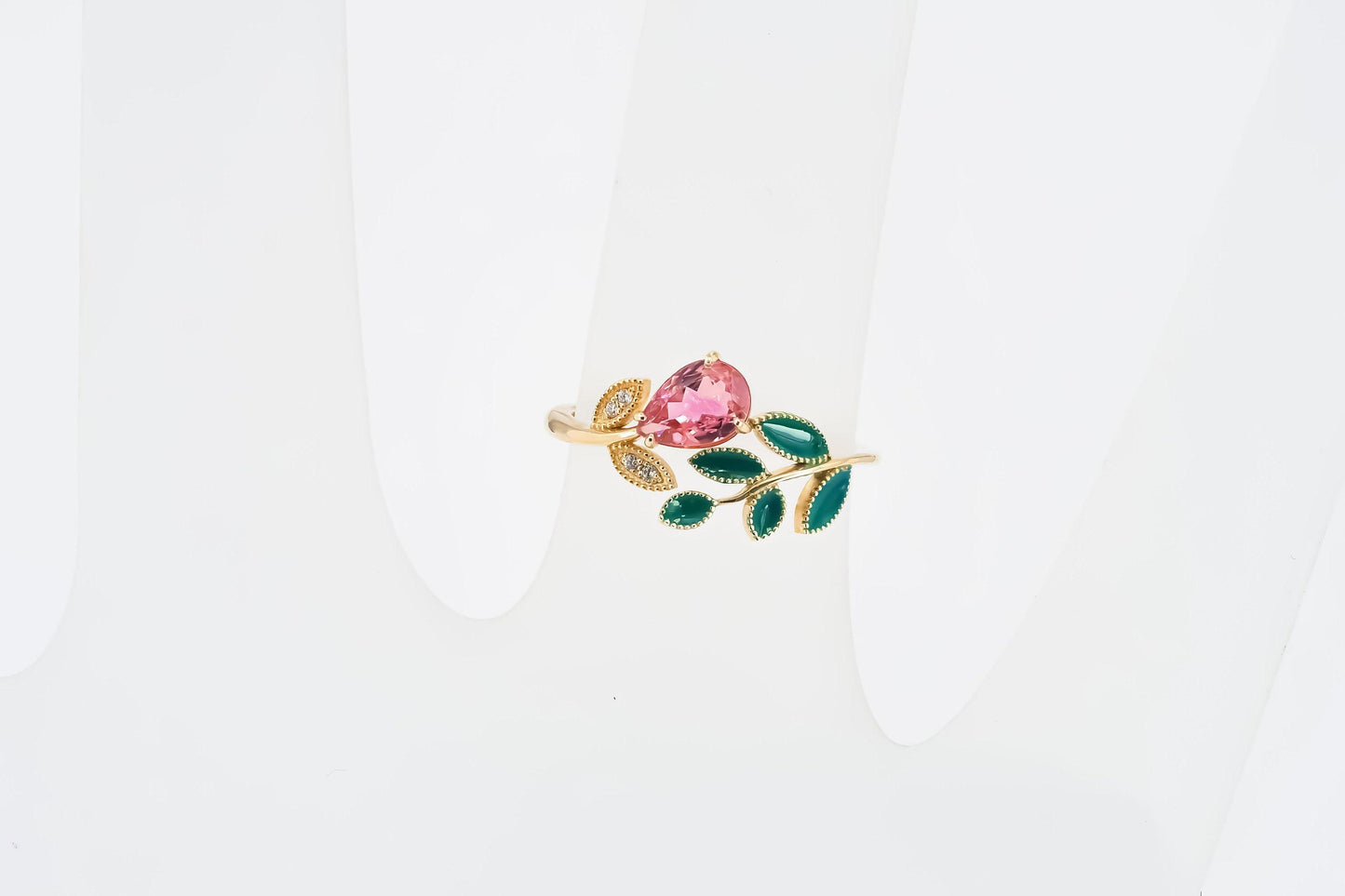 Pink tourmaline, green enamel leaves ring in 14k gold