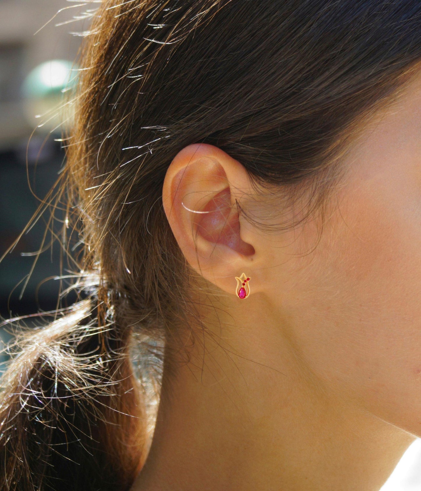 Tulip flower earrings studs with rubies in 14k gold