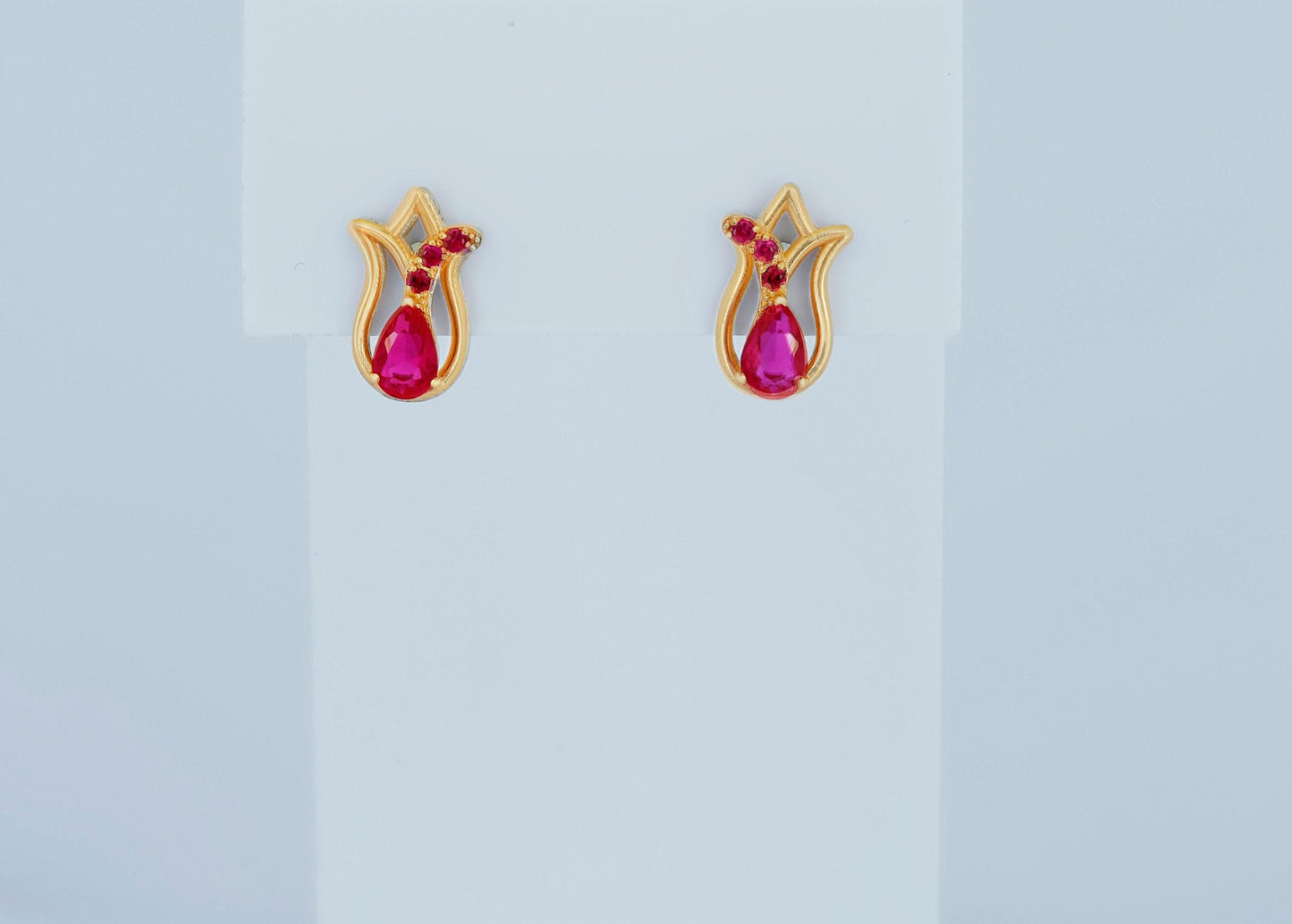 Tulip flower earrings studs with rubies in 14k gold