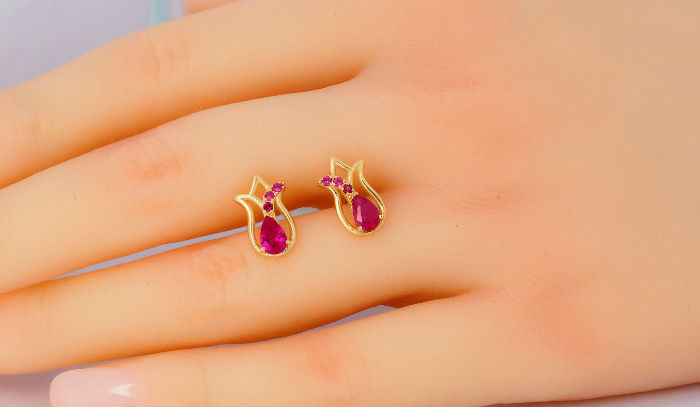 Tulip flower earrings studs with rubies in 14k gold