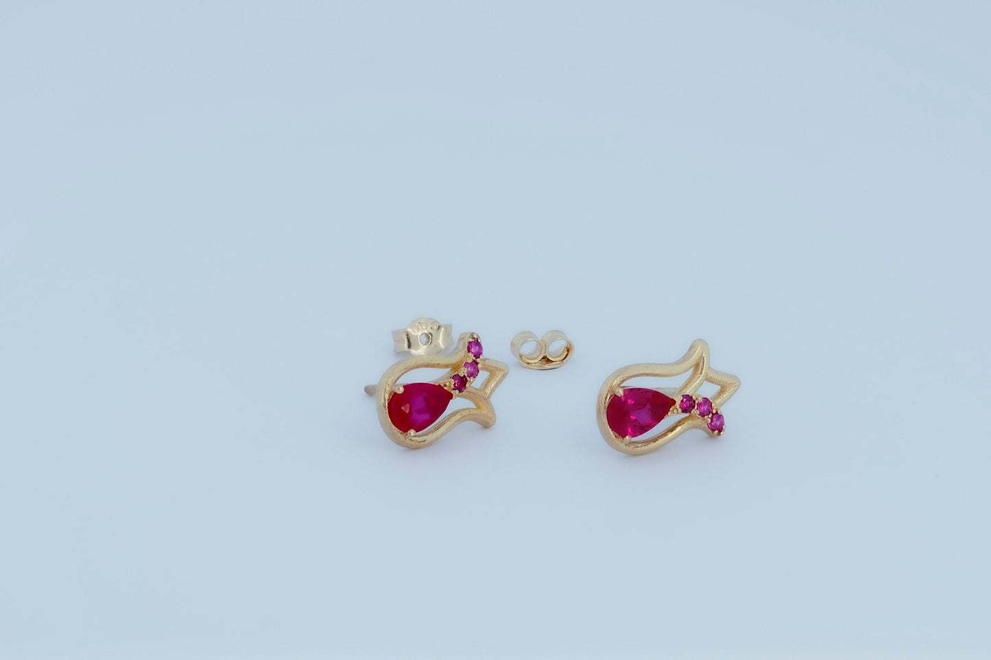 Tulip flower earrings studs with rubies in 14k gold