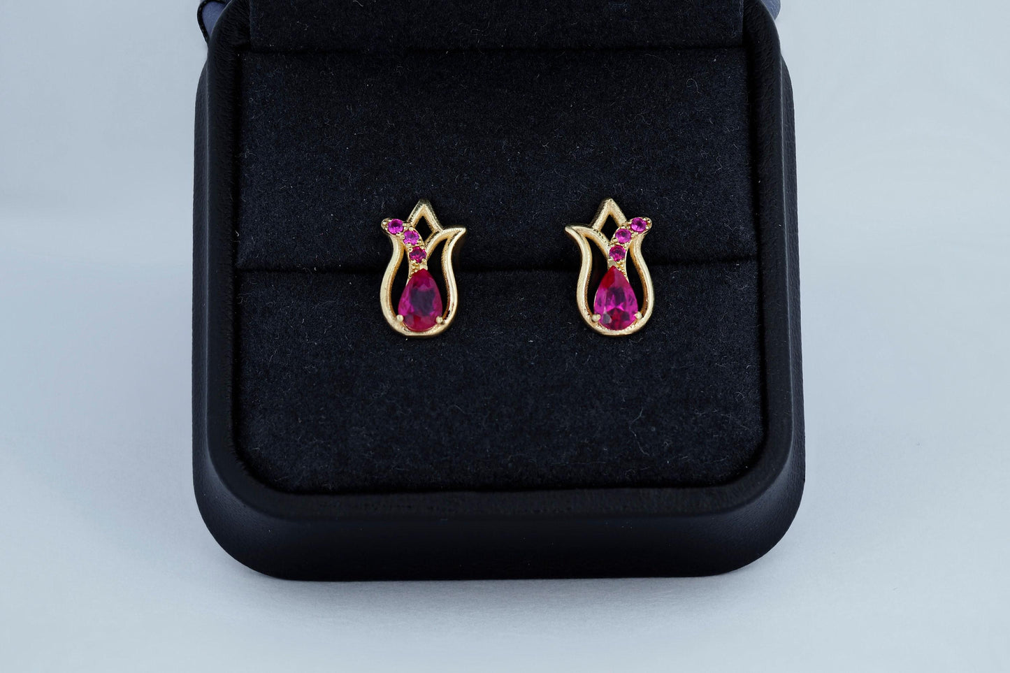 Tulip flower earrings studs with rubies in 14k gold