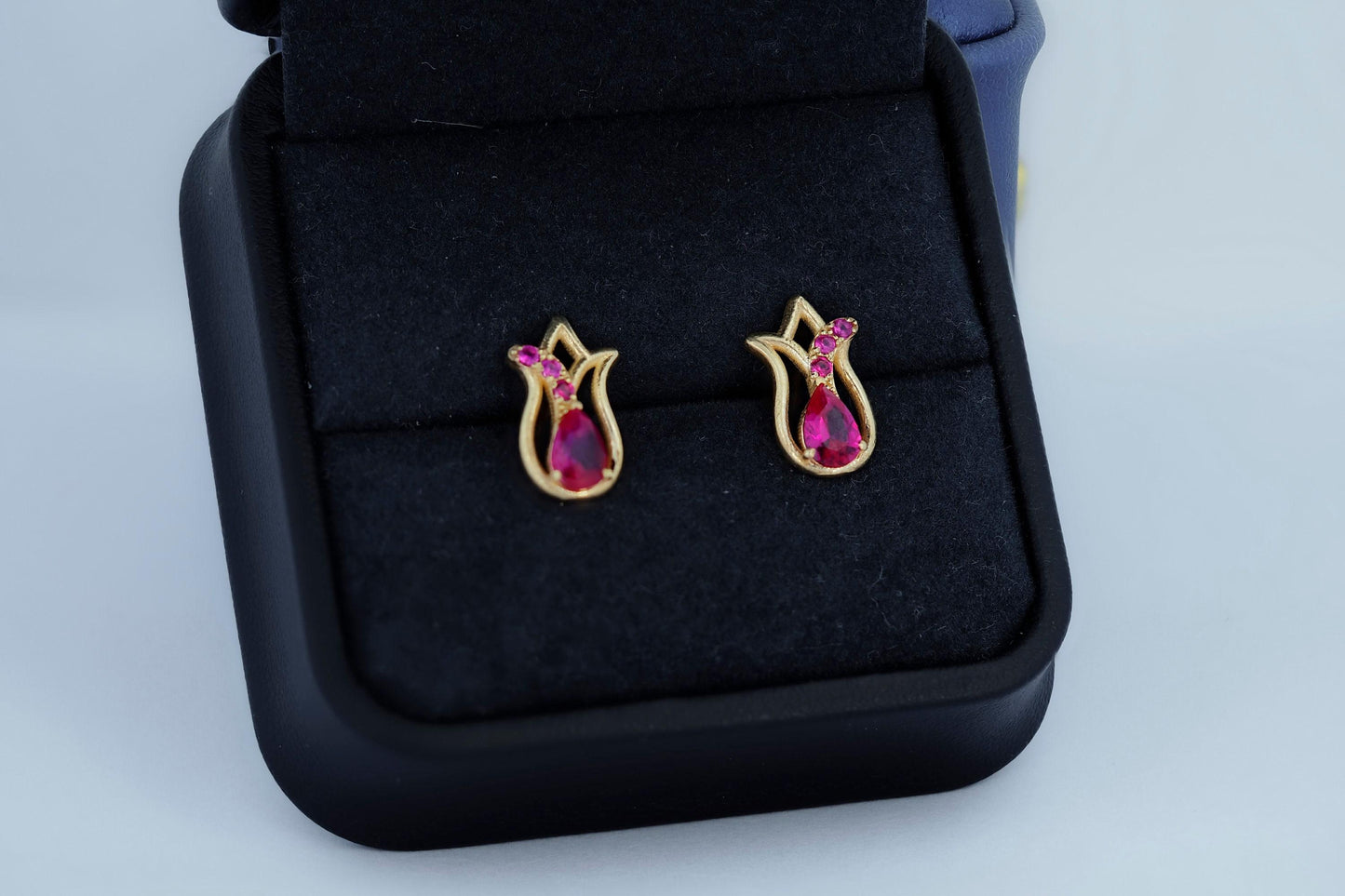 Tulip flower earrings studs with rubies in 14k gold