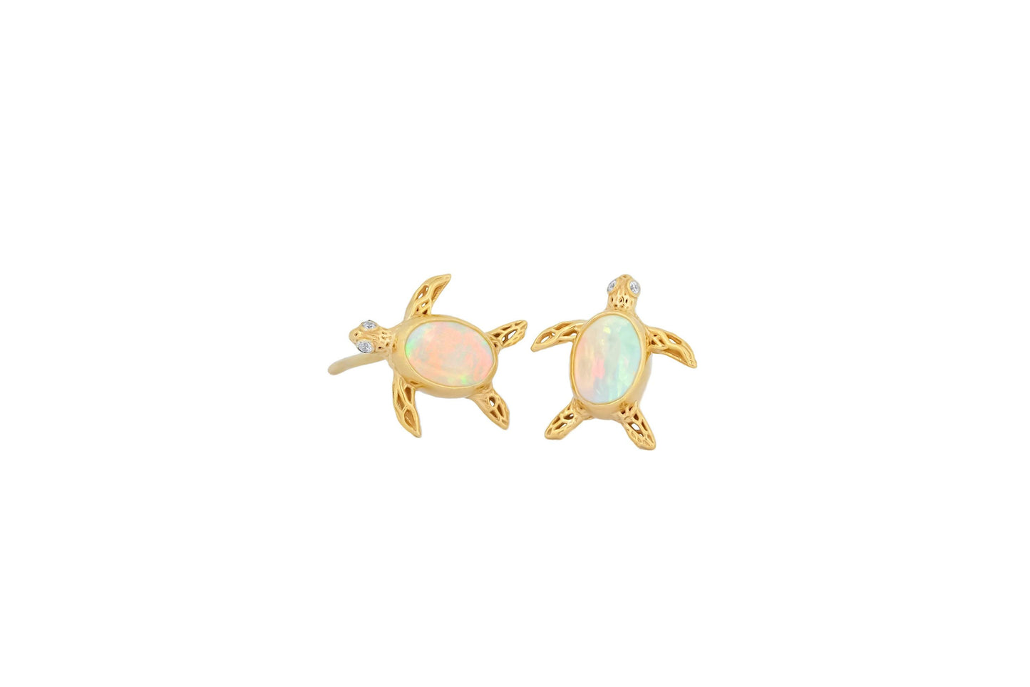 Turtle earrings studs with opals in 14k gold