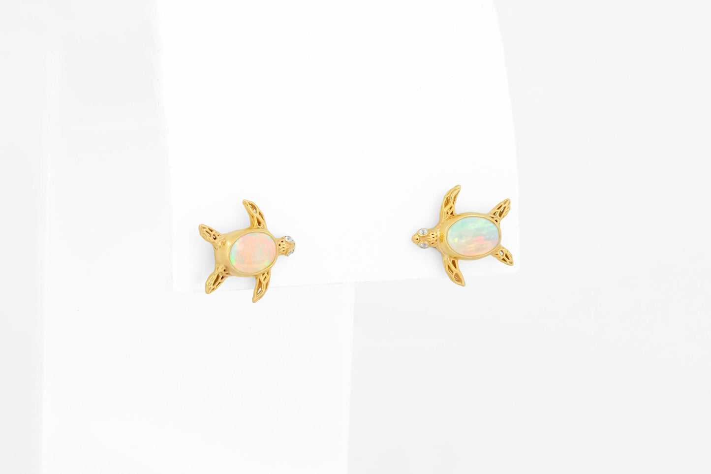 Turtle earrings studs with opals in 14k gold