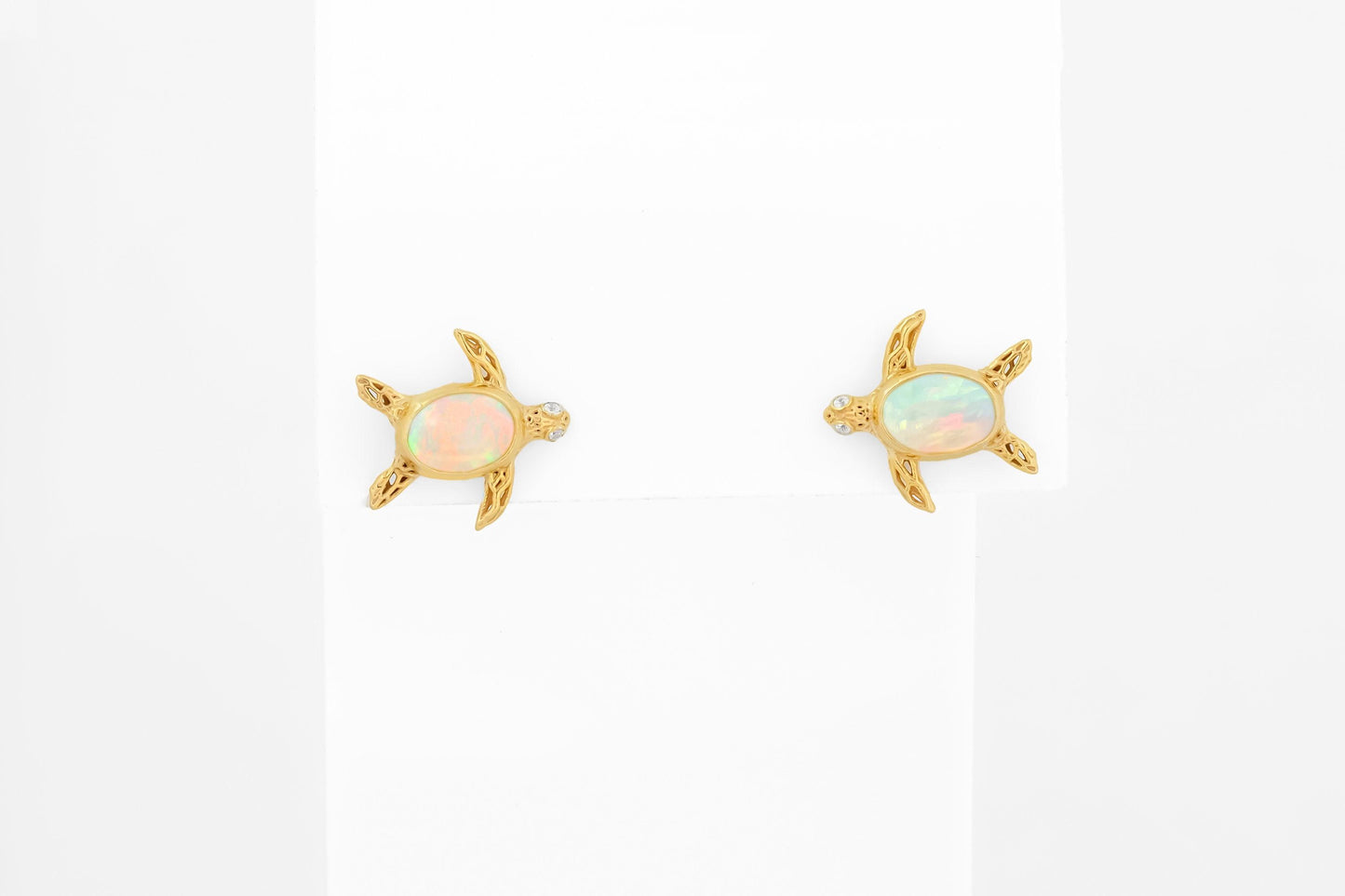 Turtle earrings studs with opals in 14k gold
