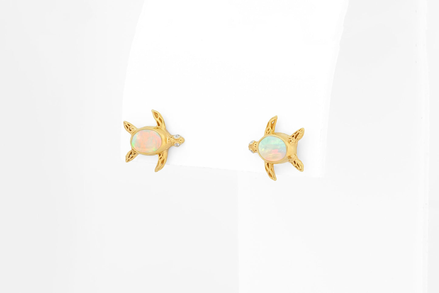 Turtle earrings studs with opals in 14k gold