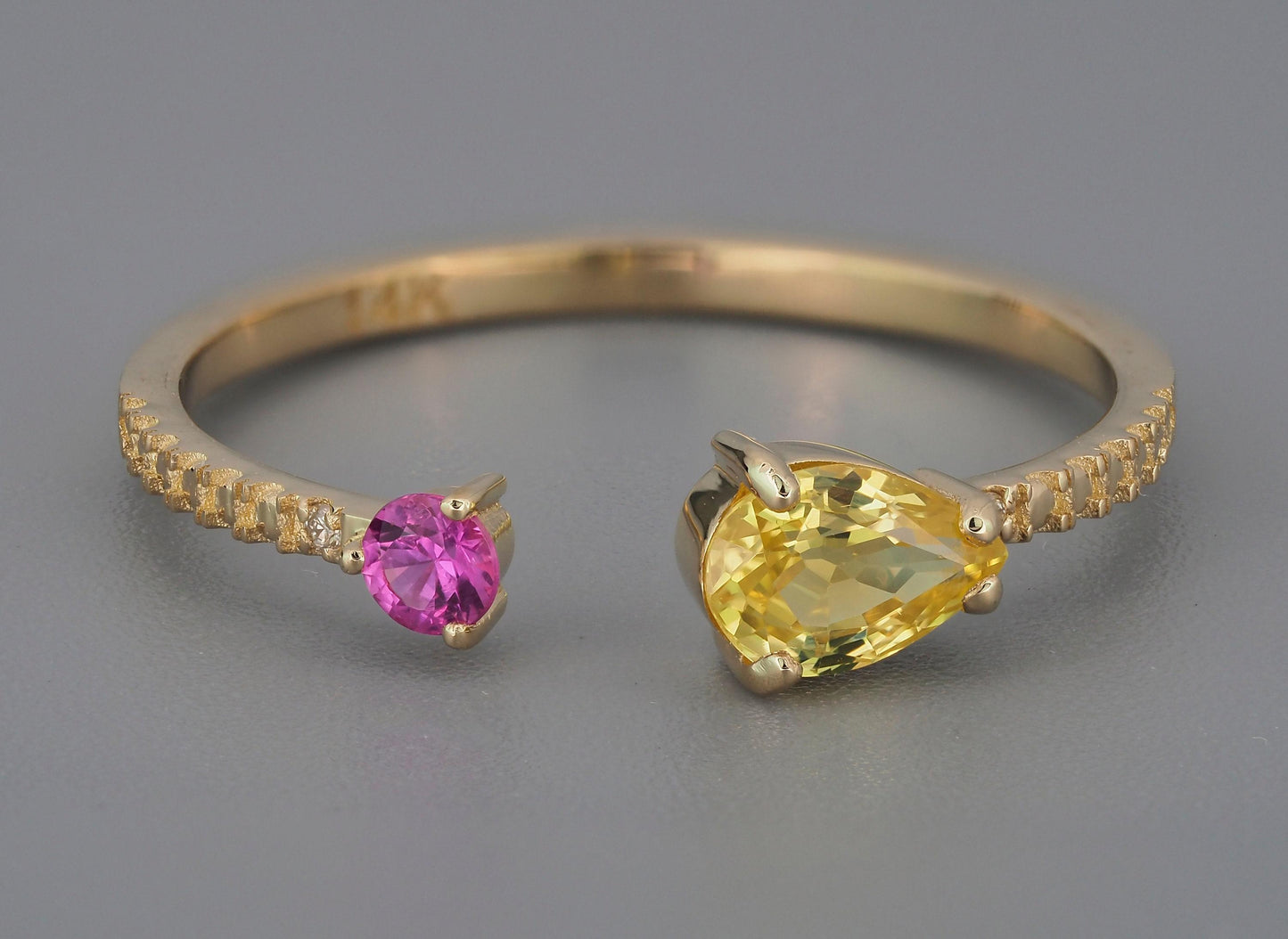 Yellow, pink sapphire 14k gold open ring