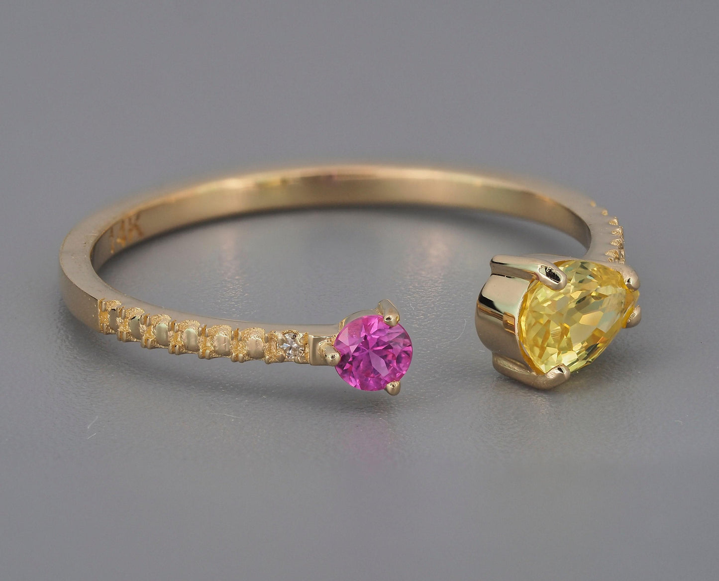 Yellow, pink sapphire 14k gold open ring
