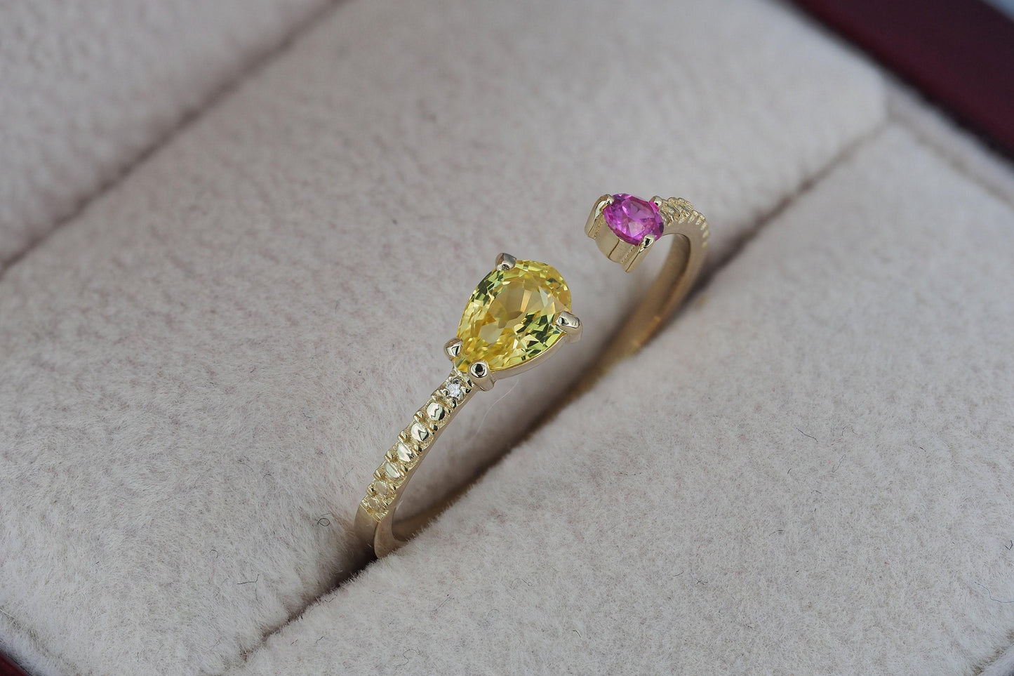 Yellow, pink sapphire 14k gold open ring