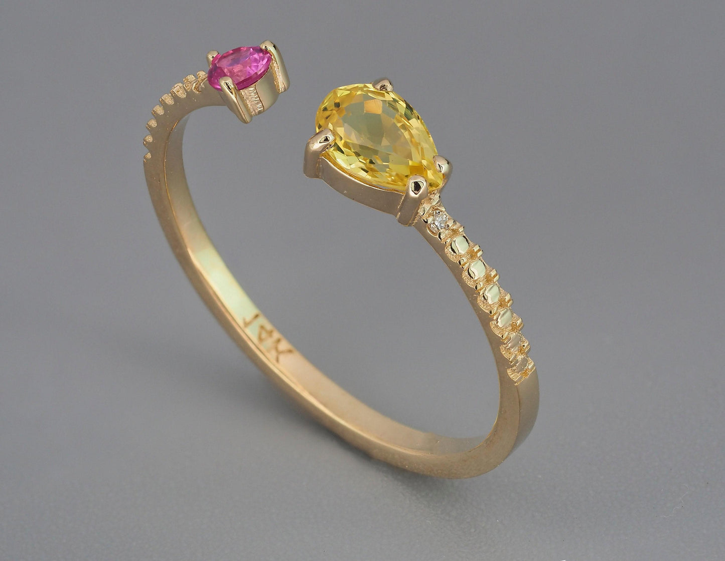 Yellow, pink sapphire 14k gold open ring