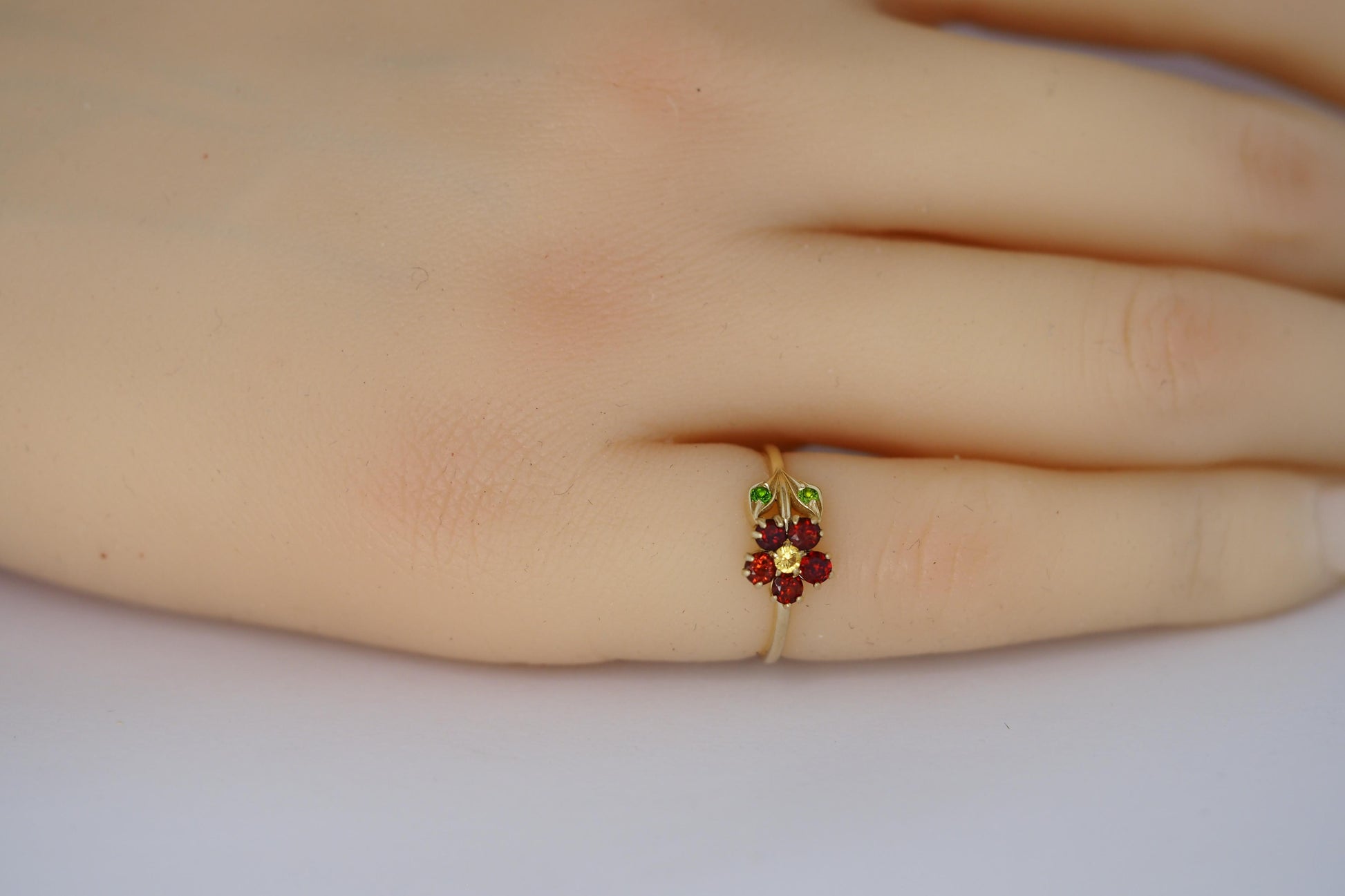 Rainbow gemstones flower ring in 14k gold
