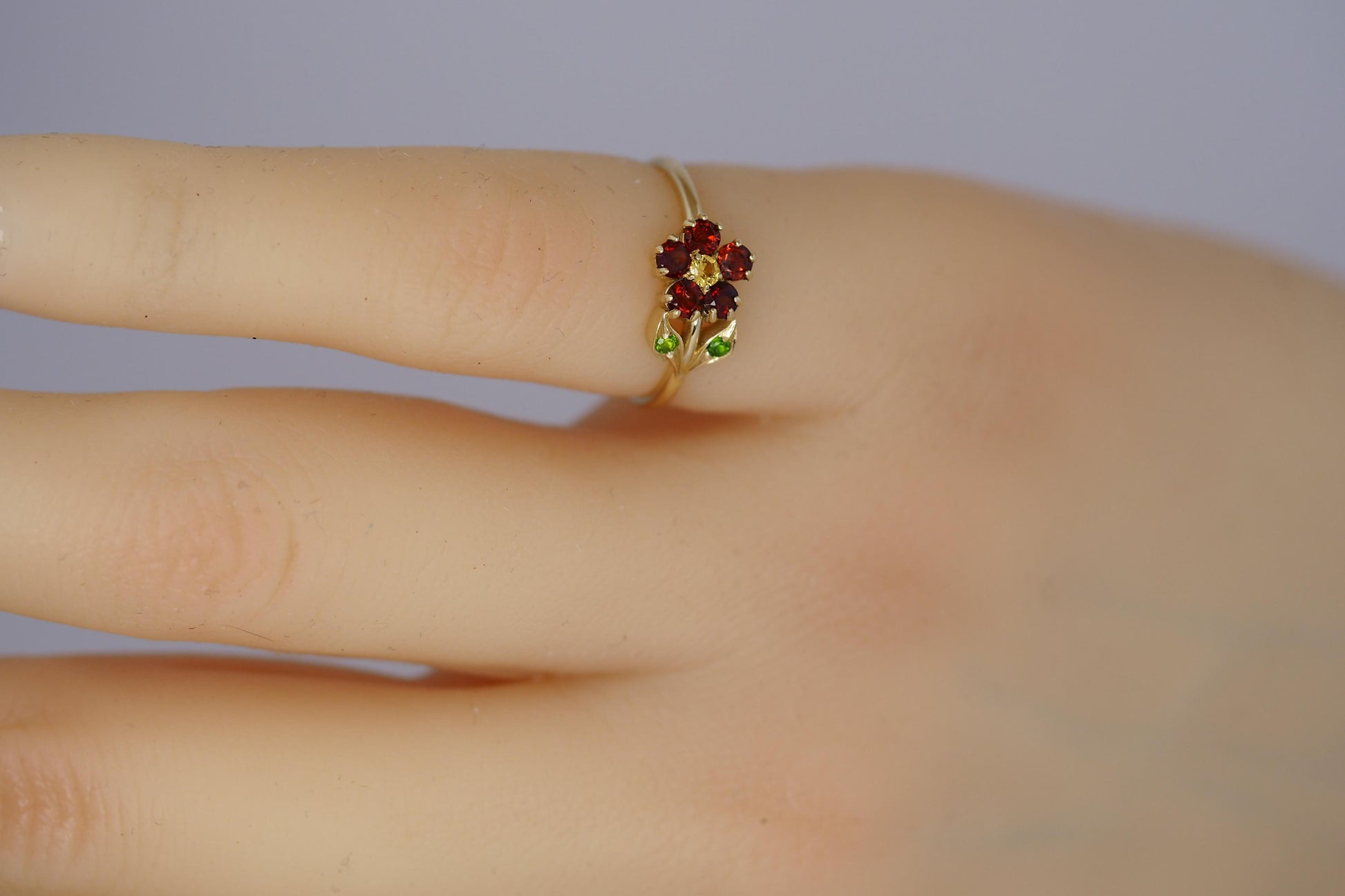 Rainbow gemstones flower ring in 14k gold