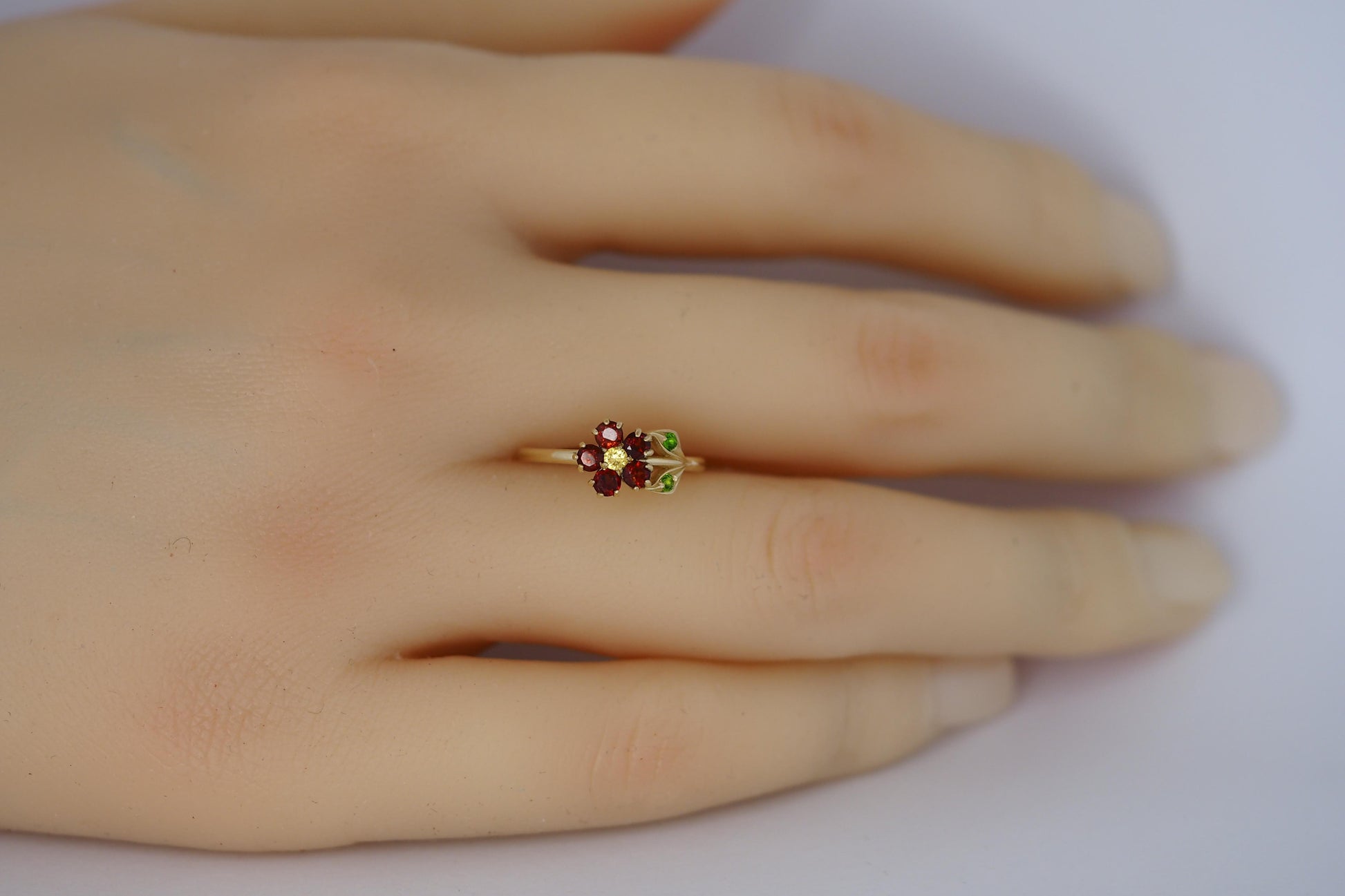 Rainbow gemstones flower ring in 14k gold