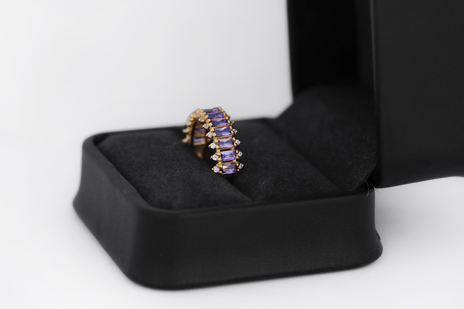 Lavender gems baguette 14k gold half eternity ring