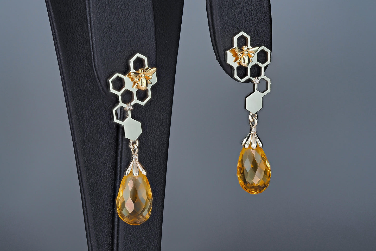 Bee on honeycomb citrine earrings studs