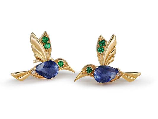 14k Gold Hummingbird Earings Studs with Sapphires