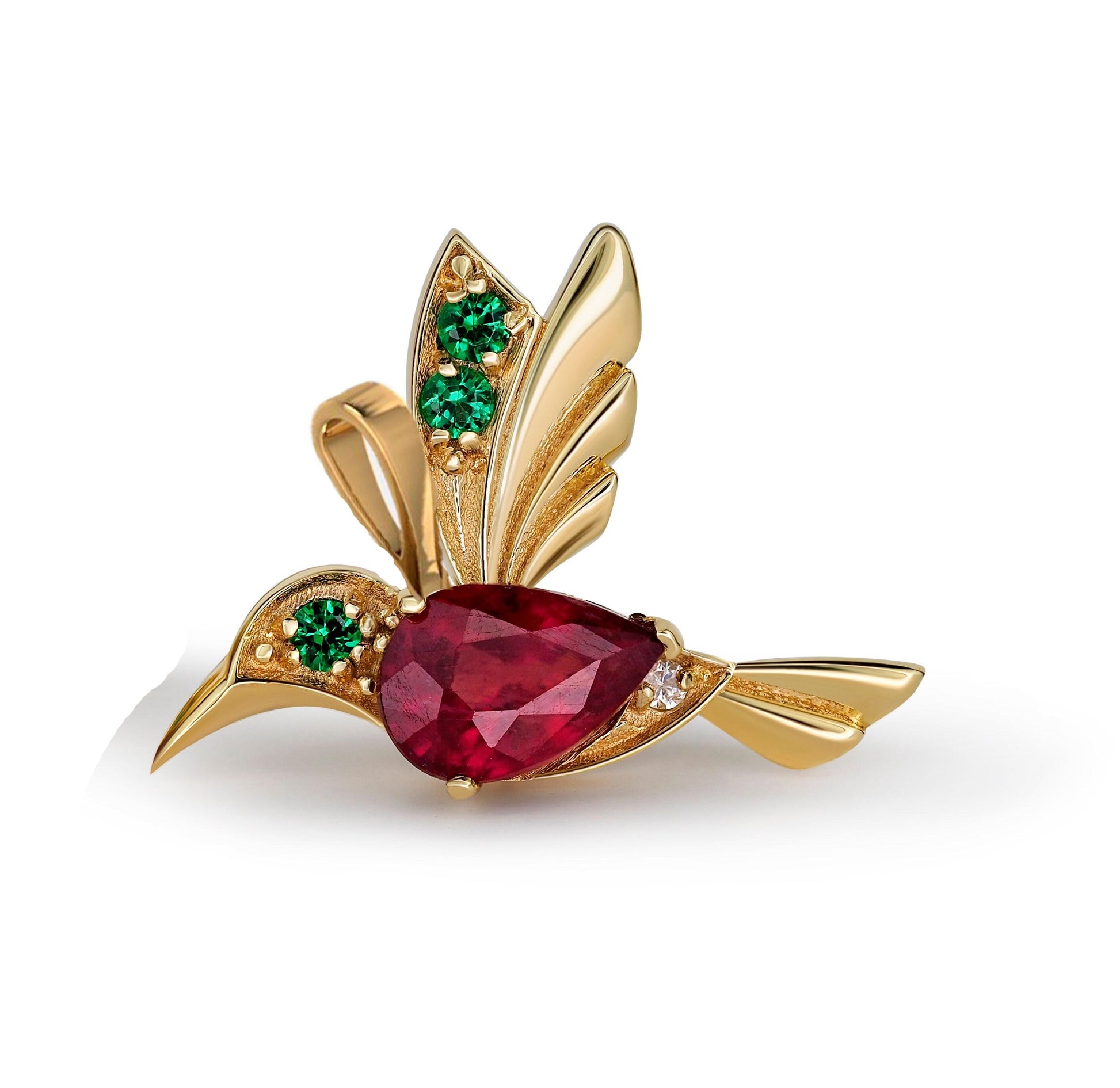 14k Gold Hummingbird Pendant with Rubie