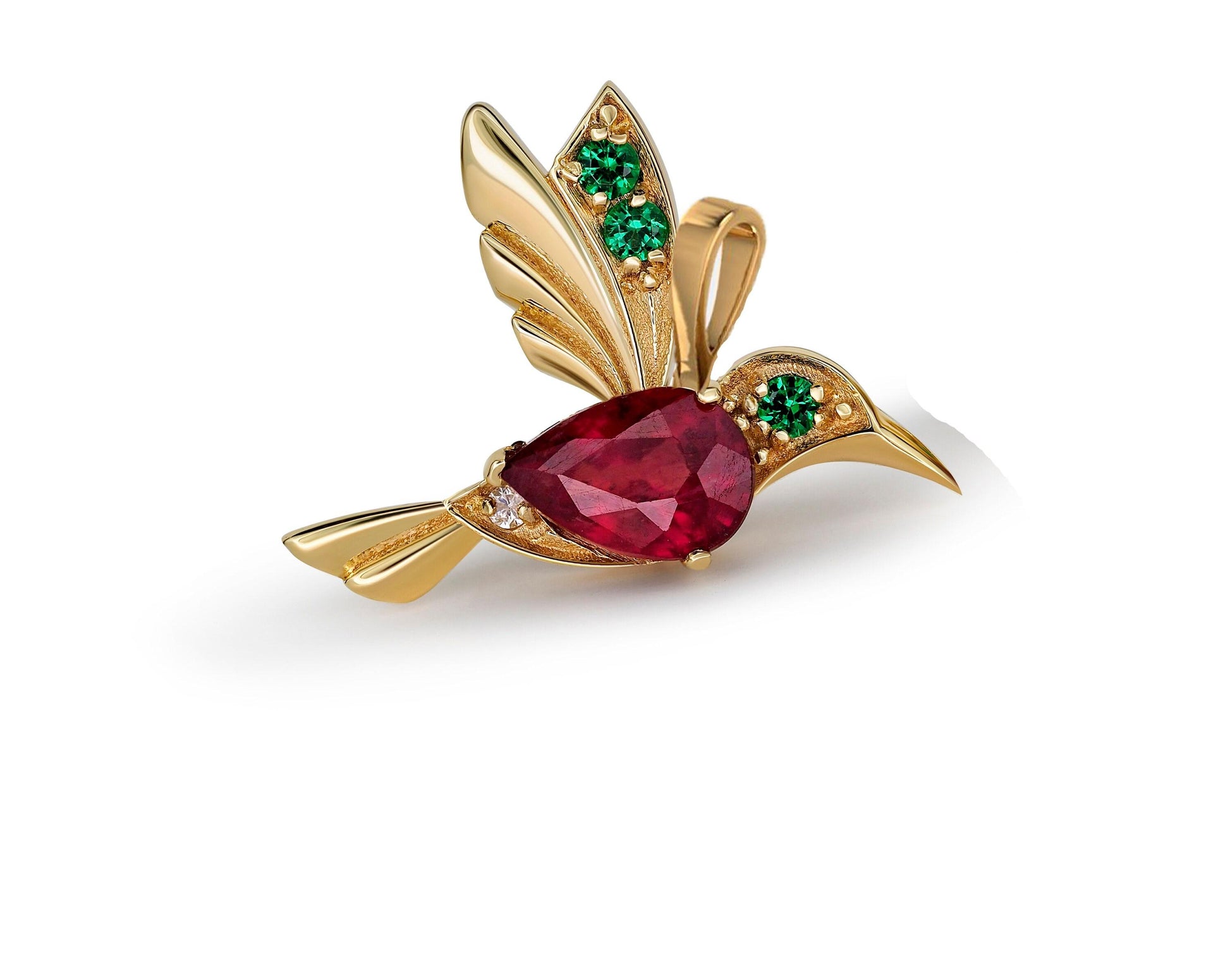 14k Gold Hummingbird Pendant with Rubie