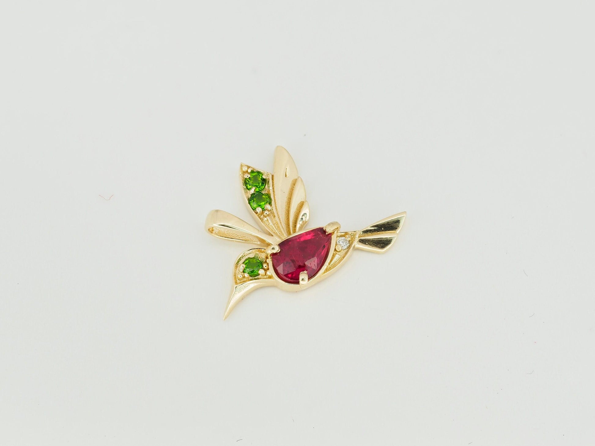 14k Gold Hummingbird Pendant with Rubie
