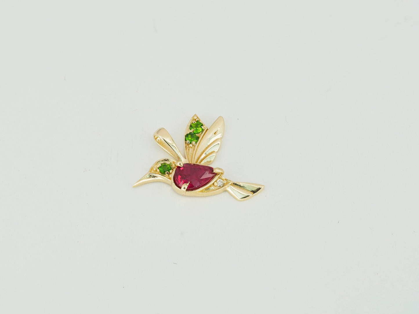 14k Gold Hummingbird Pendant with Rubie