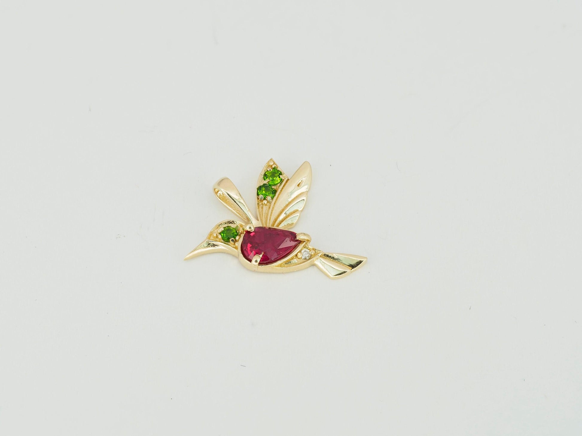 14k Gold Hummingbird Pendant with Rubie