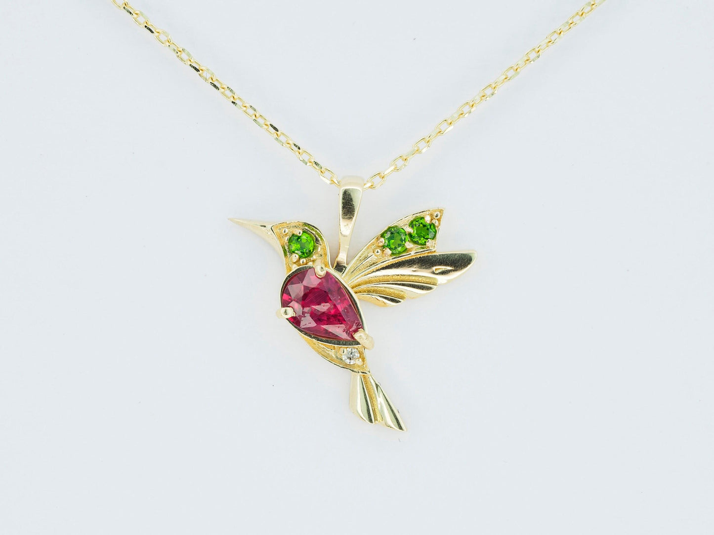 14k Gold Hummingbird Pendant with Rubie